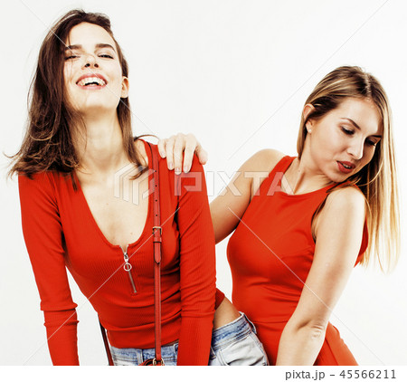 best friends teenage girls together having fun, posing emotional on white background, besties happy 45566211