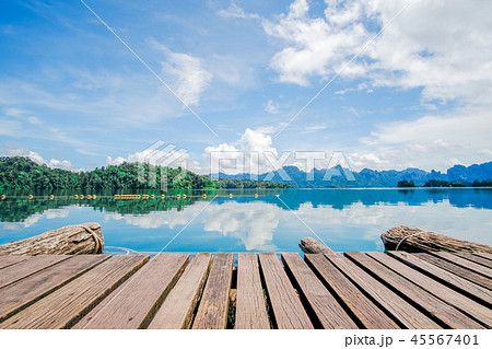Wooden platform floor with beautiful lake Wooden platform floor with beautiful lake 45567401