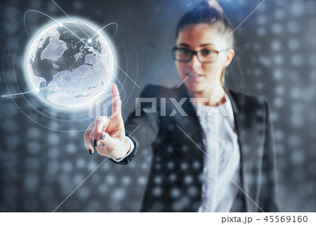 Modern technologies, Internet and network concept - man in business clothes, presses the button 45569160