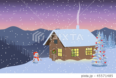 Winter evening with illuminated house, snowman Winter evening with illuminated house, snowman 45571485