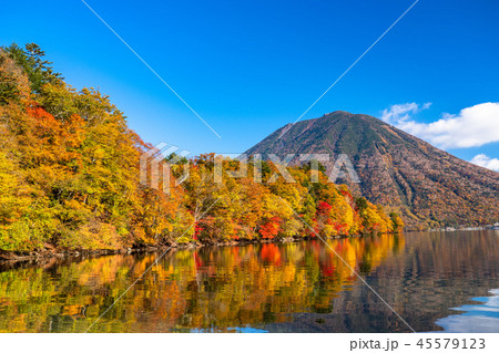 《栃木県》秋の日光・男体山と八丁出島の紅葉《中禅寺湖より》 《栃木県》秋の日光・男体山と八丁出島の紅葉《中禅寺湖より》 45579123