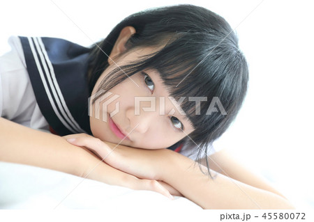 Portrait japanese school girl in white tone bed room 45580072