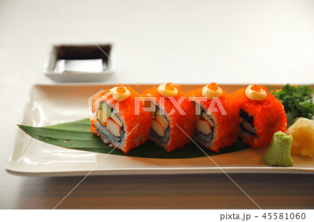 California rollsl sushi with egg cucumber avocado cream cheese red caviar Sushi menu. Japanese food. American style California rollsl sushi with egg cucumber avocado cream cheese red caviar Sushi menu. Japanese food. American style 45581060