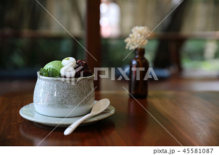 Japanese dessert Anmitsu green tea ice cream red bean and moji Japanese dessert Anmitsu green tea ice cream red bean and moji 45581087