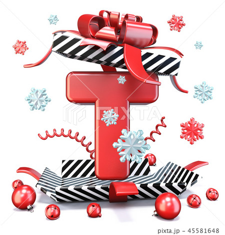 Red Letter T inside open gift box 3D 45581648