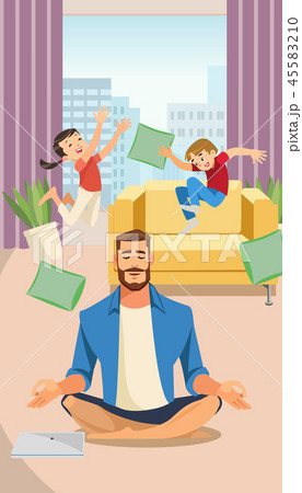 Happy father in Lotus pose with Playing Children Happy father in Lotus pose with Playing Children 45583210