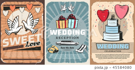 Wedding ceremony. Vector gifts, car and cake 45584080