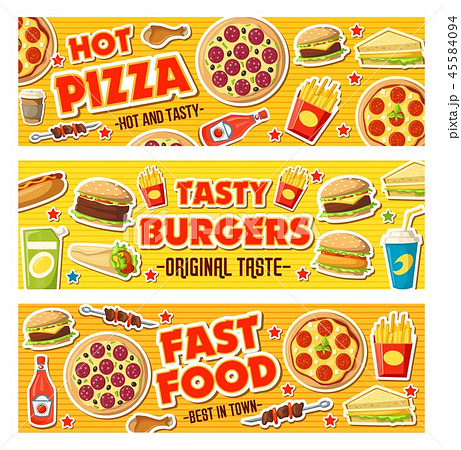 Pizza, burgers and fast food meals, vector 45584094