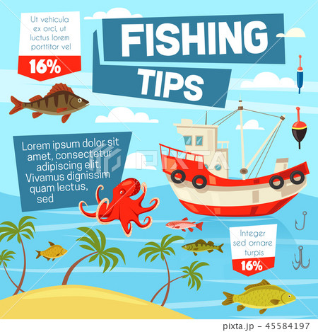 Fishery and fishing from boat, vector 45584197