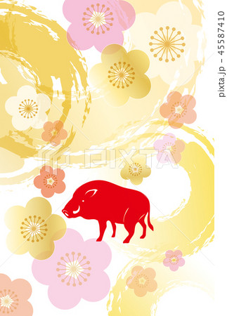 年賀状　2019年　亥　猪　梅の花　華やか　賀詞なし 45587410