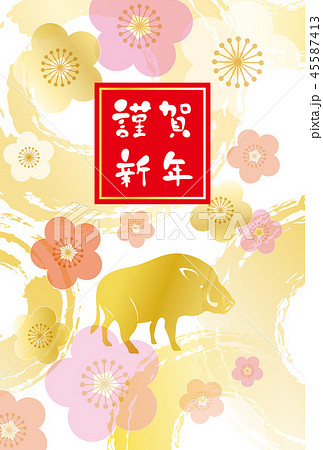 年賀状 2019年 亥 猪 梅の花 華やか 賀詞あり 年賀状 2019年 亥 猪 梅の花 華やか 賀詞あり 45587413