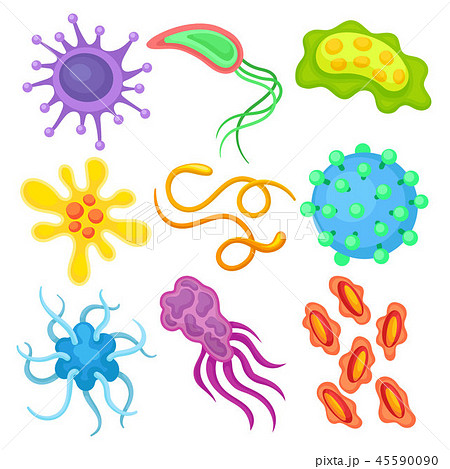 Flat vector set of different dangerous viruses. Pathogenic bacteria. Biology microorganism. Science 45590090