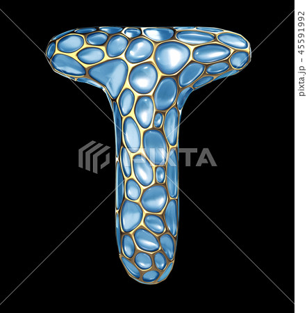 Golden shining metallic 3D with blue glass symbol capital letter T - uppercase isolated on black 45591992