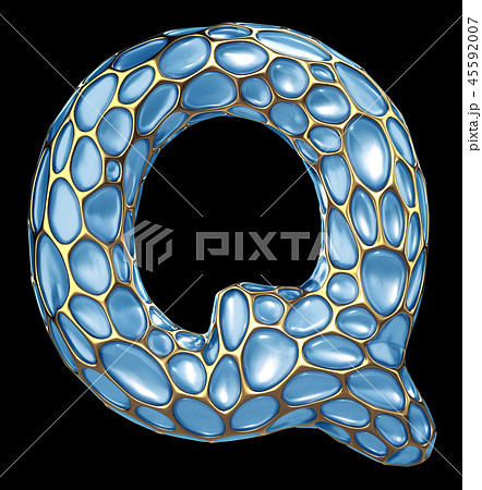 Golden shining metallic 3D with blue glass symbol capital letter Q - uppercase isolated on black 45592007
