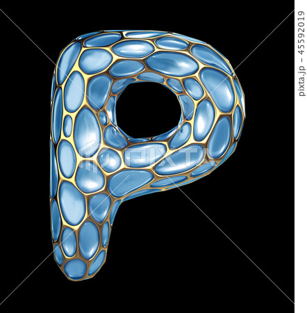 Golden shining metallic 3D with blue glass symbol capital letter P - uppercase isolated on black 45592019