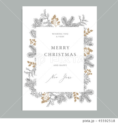 Merry Christmas, Happy New Year vintage floral greeting card, invitation. Holiday frame with 45592518