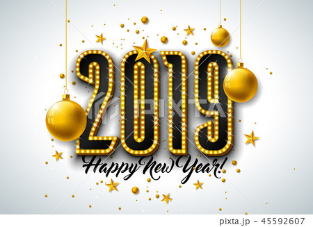 2019 Happy New Year illustration with 3d light bulb typography lettering and Christmas ball on white 45592607