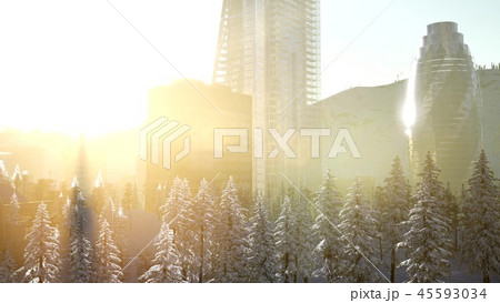 sity and forest in snow at sunrise sity and forest in snow at sunrise 45593034