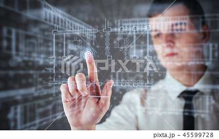 The person at the board of a financial dashboard of key indicators of stock market performance and The person at the board of a financial dashboard of key indicators of stock market performance and 45599728