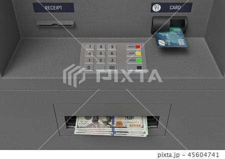 3d rendering of a bank ATM machine with a close view on a button panel and dollar bills sticking out 3d rendering of a bank ATM machine with a close view on a button panel and dollar bills sticking out 45604741