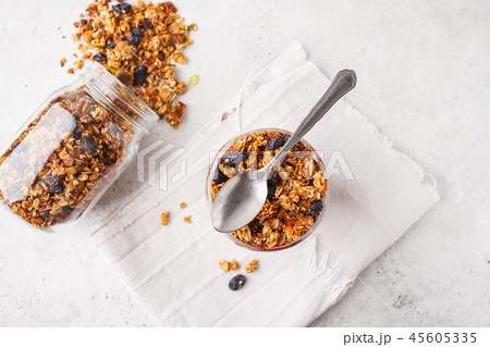 Baked granola with raisins in bowl. Baked granola with raisins in bowl. 45605335