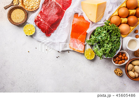 Balanced diet food background. Protein foods 45605486