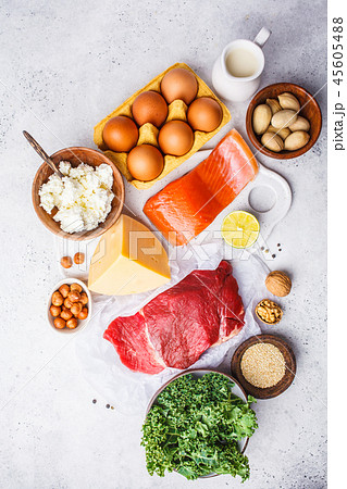 Balanced diet food background. Protein foods 45605488