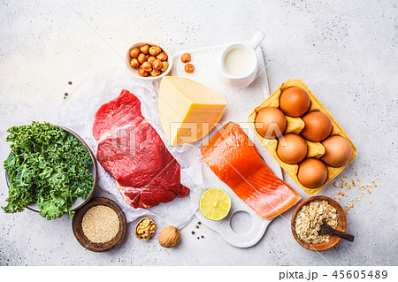 Balanced diet food background. Protein foods Balanced diet food background. Protein foods 45605489