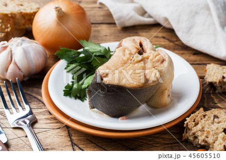 Ingredients for salmon fish soup, pieces of bread 45605510