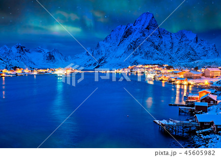 Reine village at night. Lofoten islands, Norway 45605982