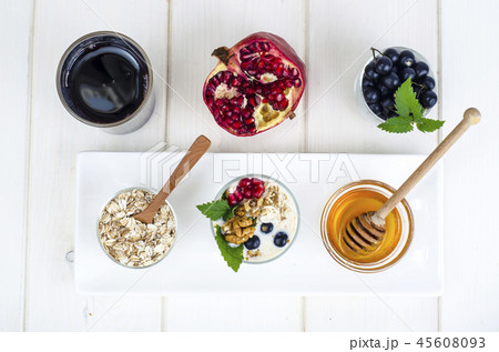 Healthy breakfast with yogurt, juice, fruits 45608093