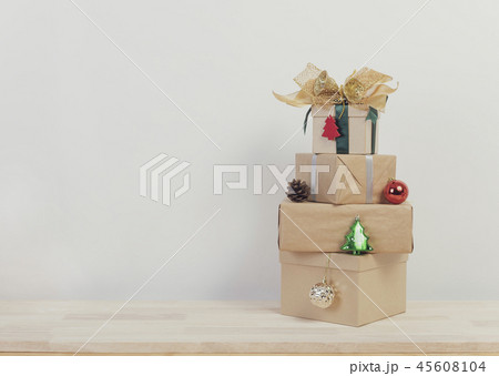 Christmas holiday present on wood table  45608104
