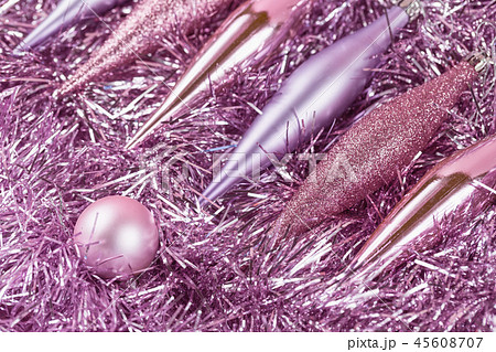 Pastel violet Christmas decorations on tinsel monochrome with copy space 45608707