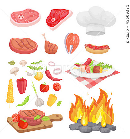 BBQ Set, Meat for Barbecue and Spice, Vector Icon BBQ Set, Meat for Barbecue and Spice, Vector Icon 45609331