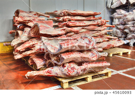 frozen stocks of red meat in a cold warehouse frozen stocks of red meat in a cold warehouse 45610093