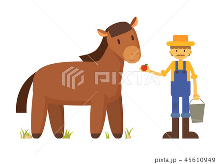 Farmer with Apple and Horse Cartoon Illustration 45610949