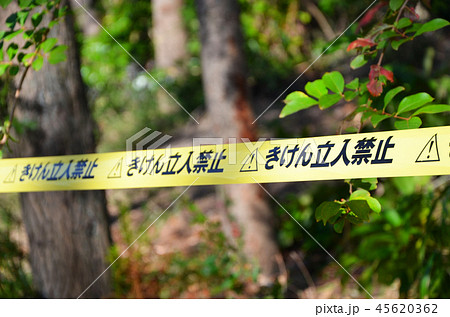 危険な場所に張り巡らされた「立入禁止」のバリケードテープ 45620362