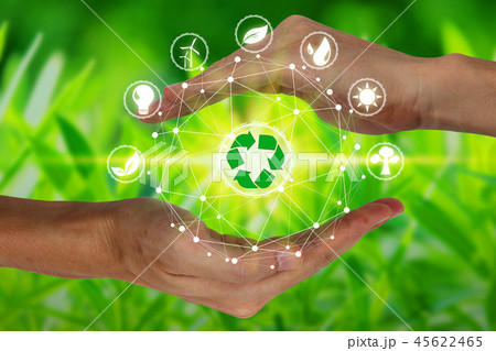 Hand holding and protection with environment icons 45622465