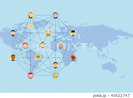 インフォグラフィック 世界地図とクラウドで繋がる世界の人々のイメージ Infographicsのイラスト素材