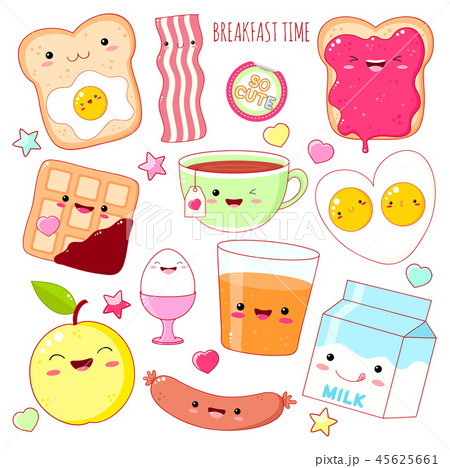 Set of cute breakfast food icons in kawaii style Set of cute breakfast food icons in kawaii style 45625661