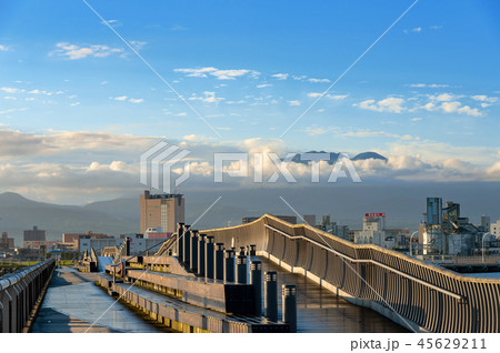 【青森県青森ベイエリア】早朝の北防波堤から見た”雲海から頂上を出した八甲田山” 45629211
