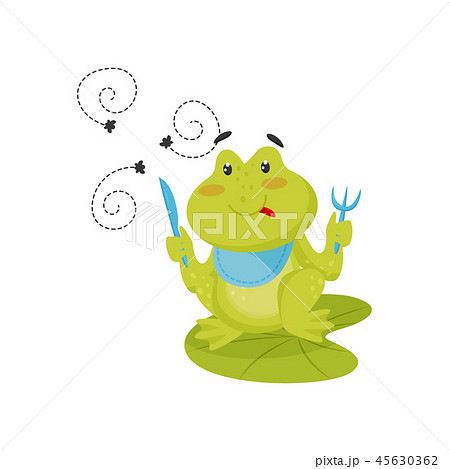 Funny green frog sitting on lotus leaf with knife and fork in its paws, ready to eat flies. Flat Funny green frog sitting on lotus leaf with knife and fork in its paws, ready to eat flies. Flat 45630362