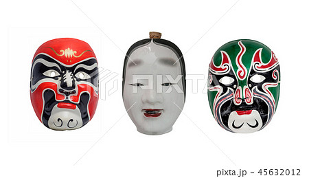 Two colorful  and one ceramic face  45632012