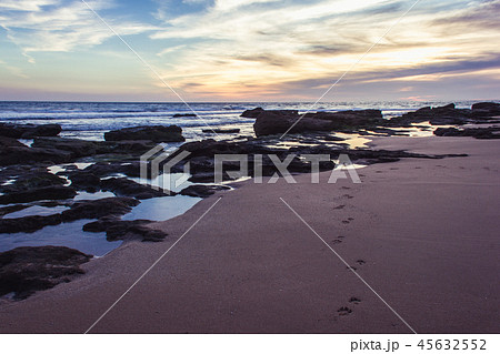 Dog track on sand by rocky shore at great sunset Dog track on sand by rocky shore at great sunset 45632552