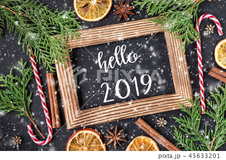HELLO 2019 greeting card.  New Year and Christmas  45633201