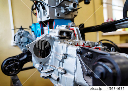 Close up view of internal combustion engine in driving school Close up view of internal combustion engine in driving school 45634635