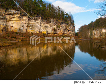 Sandstone rocks mirroring in the lake 45634776