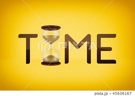 3d rendering of yellow background with the word TIME where a hourglass serves as one of the letters. 45636167