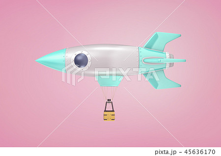 3d rendering of retro space ship connected to a basket flies horizontally like a hot air balloon on 3d rendering of retro space ship connected to a basket flies horizontally like a hot air balloon on 45636170