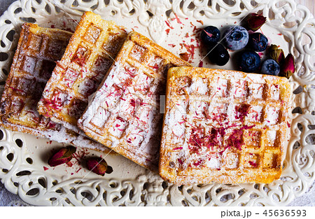 Homemade waffles with blueberry and rose tea 45636593
